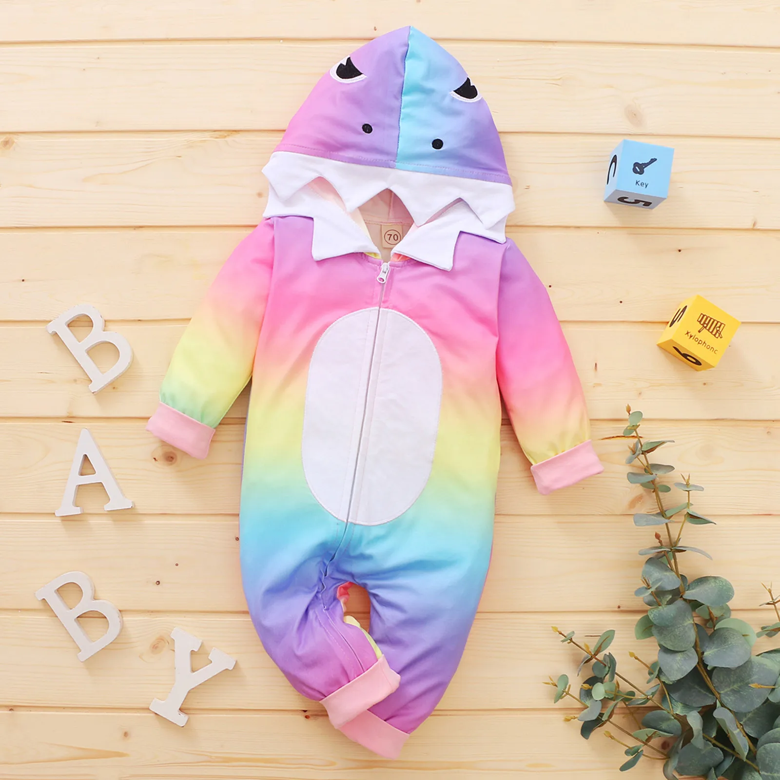 

3-18Months Infant Baby Boys Girl Rainbow Tie-Dyed Print Cartoon Romper Hoodie Jumpsuit ×‘×’×“×™× ×œ×ª×™× ×•×§ Shark wave pattern mo hat M5